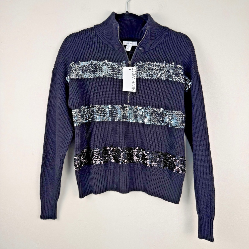 Nine West Sweater Women's Small Black Sequin Striped Mock Neck 1/4 Zip Pullover‎